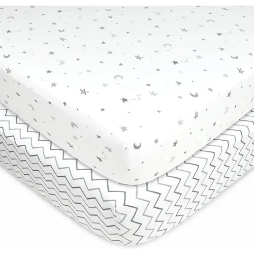 American Baby Company 2 Pack Fitted Pack N Play Playard Sheet 27" x 39", Soft Breathable Neutral 100% Cotton Jersey Pack and Play Sheet, Grey Stars/Zigzag, for Boys and Girls, Fits Most Mini Crib