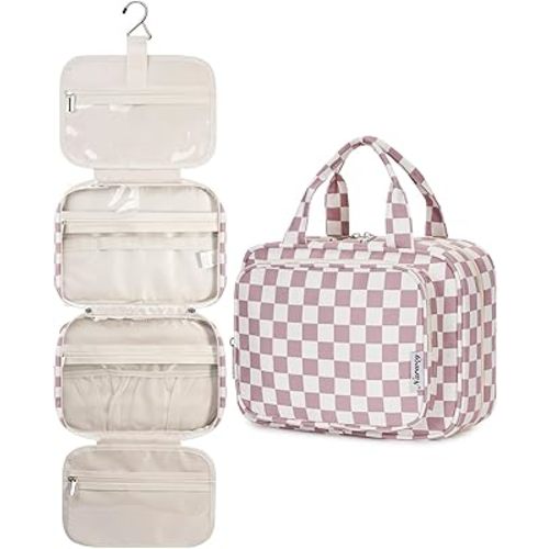 Narwey Hanging Toiletry Bag for Women Travel Makeup Bag Organizer Toiletries Bag for Travel Size Essentials Accessories Cosmetics (Dusty Pink Checkerboard (Medium))