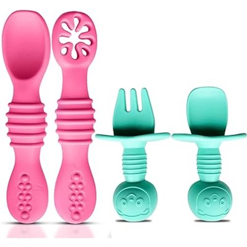 4pc Silicone Self feeding baby utensils 6-12 months Baby Led Weaning, 3 baby spoon, 1 baby fork, Toddler Cutlery Set, BPA Free, Dishwasher Safe, Baby eating essentials (Pink/Blue)