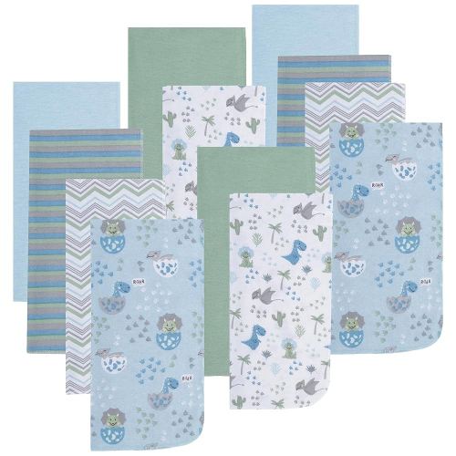 EVERYDAY KIDS 12 Pack Burp Cloths for Baby Boy; Newborn Essential with - Large Absorbent Cotton Flannel Blue/Green Burping Cloths for Babies with Baby Dinosaurs, Zig Zag and Stripe Prints and Solids