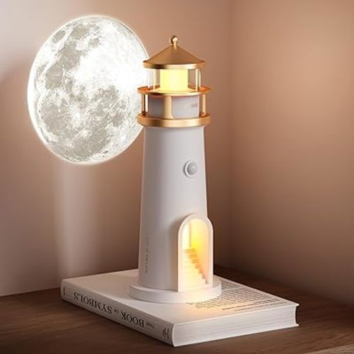 Moon Lamp Set of 2, Lighthouse Night Lights with Full Moon Projector, Cordless Motion Sensor Moon Lighthouse Lamp, Rechargable Battery Powered Lamps for Kids, Boys, Girls, Gift, Decor, 9.6 inch