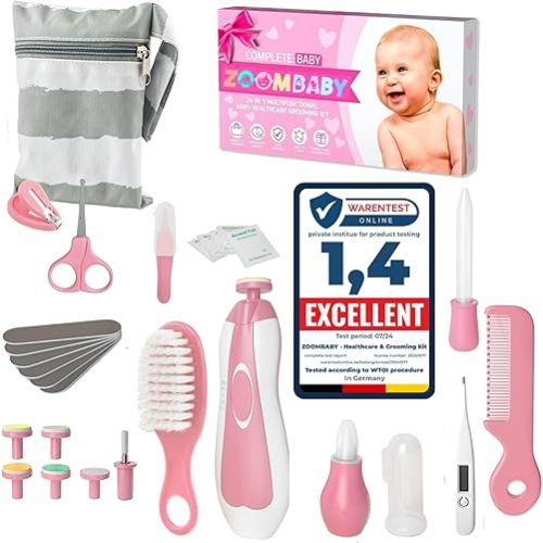 24 in 1 Baby Health Care and Grooming Kit - Newborn Essentials, Baby Must Haves for Boys & Girls, New Baby Gift Includes Electric Nail Trimmer Baby Nasal Aspirator (Pink)
