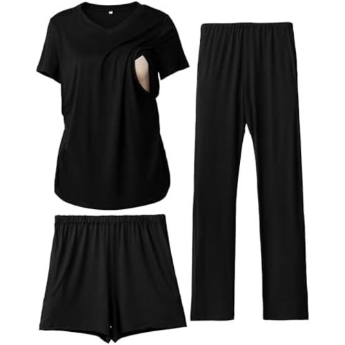 Rnxrbb 3 Piece Women's Maternity Nursing Pajamas Set V Neck Breastfeeding Pjs Sleepwear Postpartum Shorts&Pants Pockets