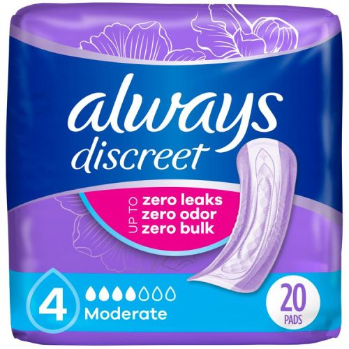 Always Discreet Incontinence & Postpartum Incontinence Pads for Women - Moderate Absorbency - Size 4 - 20ct
