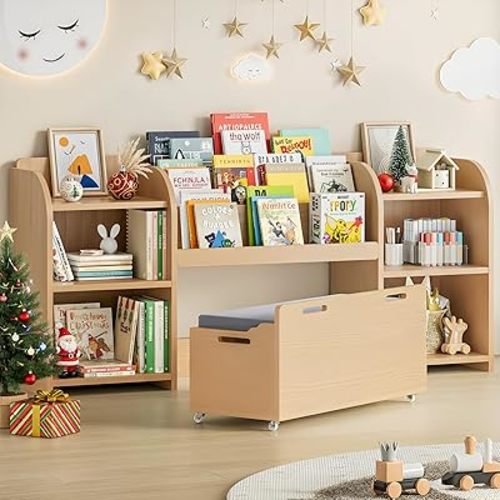 ONBRILL Kids Bookshelf with Reading Nook, 64.5" Toy Storage Organizer with Movable Bench with 3 Storage, Kids Bookcase with 3-Tier Bookshelf, 6 Storages Cubbies, Toy Box & Chest for Bedroom, Playroom
