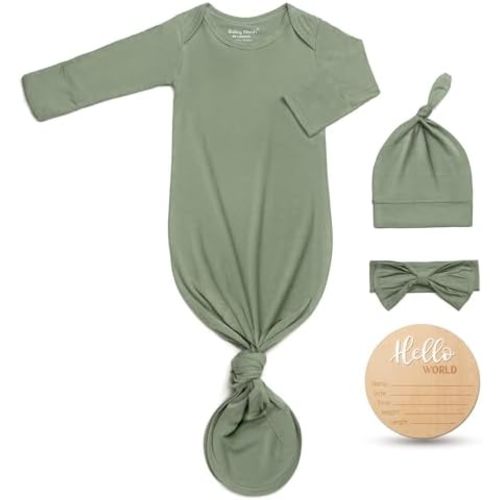 Hello World Newborn Knotted Gown 0-3 Months, Coming Home Outfit Baby Bamboo Viscose Sleeper with Hat,Headband,Wooden Sign