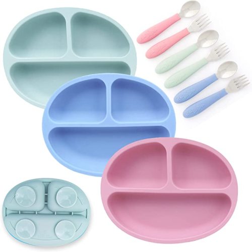 Elk and Friends Silicone Suction Plate for Babies/Toddlers + Stainless Steel Silverware Feeding Set | Divided Plate | Suction Design | Forks + Spoons Included | 3 Pack - Blush/Sage/Misty Blue - With Cutlery