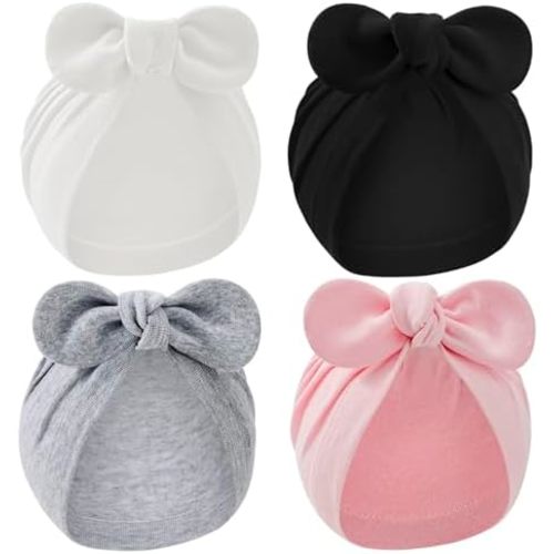Zando 4PCS Baby Hats with Big Bow Cotton Hat Breathable Newborn Hats for Boys Girls Toddler Hospital Hat Baby Turban 0-2T