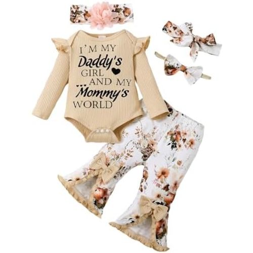 SUNNY PIGGY Newborn Baby Girl Clothes Infant Outfits Romper Floral Fall Outfit Bell Bottoms Pant Sets Hat Headband Flowerpant