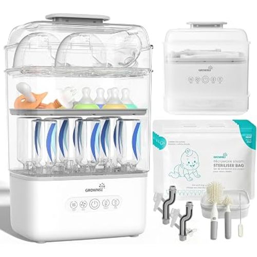 Grownsy 3 Layers-Large Bottle Sterilizer and Dryer, Holds 6 to10 Bottles, Nesting Design Bottle Sanitizer Esterilizador de Biberones for Breast Pump Sterilizer Bags Bottle Brush Included