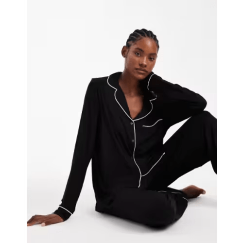 ASOS DESIGN Tall super soft long sleeve shirt & pants pajama set with contrast piping in black