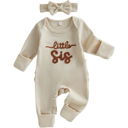 allshope Infant Baby Girl Fall Outfit Sweatshirt Romper Little Sister Lil Sis Long Sleeve Jumpsuit Newborn Clothes (Waffle Little Sis Apricot, 0-3 Months)