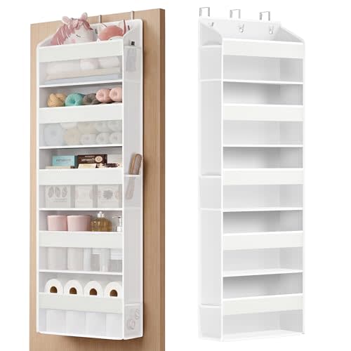 SONGMICS Over-the-Door Organizer, 5-Tier Door Hanging Storage Shelf, Heavy-Duty Closet Hanging Organizer Foldable, Transparent, Pockets, Metal Hooks, Cloud White URDH010WH01