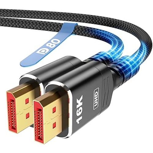 Highwings 80Gbps Displayport Cable 2.1 6.6FT, 16K@60Hz, 8K@120Hz, 4K@240Hz, DP 2.1 Cable 16K Braided Cord, Compatible with HDR10 DSC 1.2a, G-Sync FreeSync Gaming PC, Gaming Monitor 5090, AMD 7900XTX