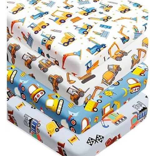 4 Pack Baby Boy Crib Sheets Set Soft Fitted Construction Truck or Dinosaur Theme Baby Boy Mattress Covers Breathable Toddler Sheets for Infant or Newborn Boys (Construction, Crib Sheets)