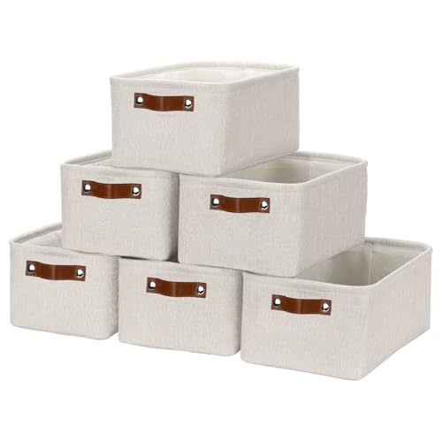 HNZIGE Fabric Storage Baskets for Organizing Small Storage Baskets for Shelf,6 Pack Shelf Baskets for Storage with Leather Handles, Foldable Baskets for Organizing Clothes(Cream 11.8" x 7.8" x 5.1")