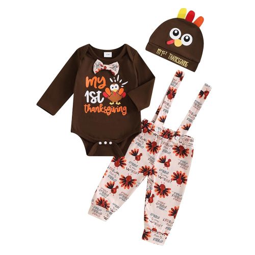 Newborn Baby Boy Halloween Thanksgiving Christmas Outfit Long Sleeve Romper Suspender Pants Fall Winter Clothes