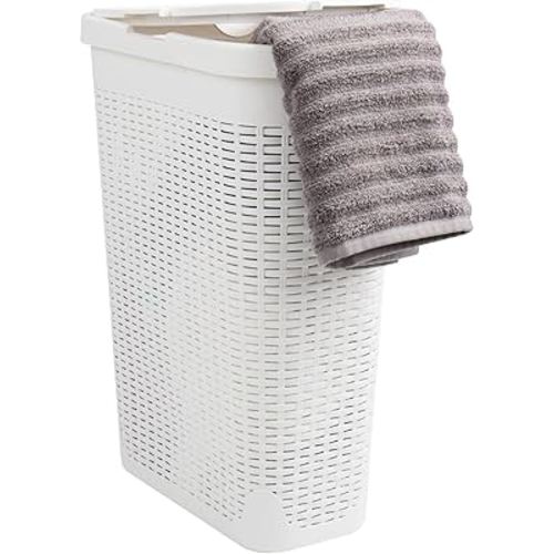 Mind Reader 40L Slim Laundry Hamper, Clothes Basket, Lid, Wicker Design, Plastic, 18"L x 10.4"W x 23.5"H, White