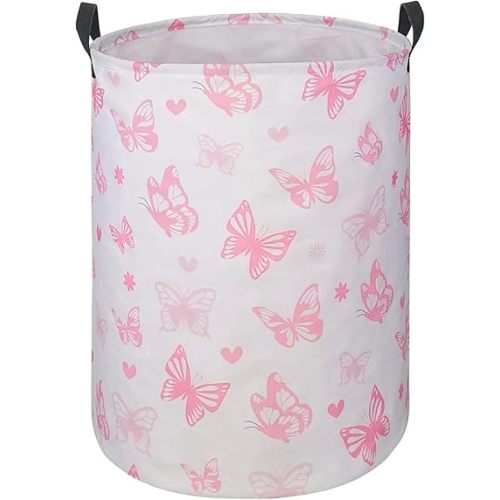 Round Pink Butterfly Laundry Basket for Girls Room Decor, Kids Organizer Hamper Storage Bins Nursery Hamper for Clothes Gift Basket with Handles