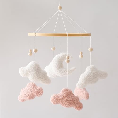 EERKEOD Baby Crib Mobile Bunny Nursery Mobile for Boys Girls Teddy Velvet Mobile Nursery Decor for Infant Bedroom Hanging Baby Mobile for Bassinet Newborn Baby Gift(Pink Clouds)