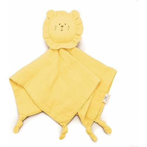 Organic Cotton Muslin Lion Loveys for Babies Baby Security Blanket Baby Snuggle Toy Newborn Essentials Must Haves(Lion-Yellow)