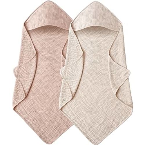 Muslin Baby Towels with Hood for Newborn 100% Cotton Baby Bath Towels Soft & Absorbent Hooded Baby Towel for Boys and Girls, Large Size - 32 * 32 Inches (Ivory & Pink)