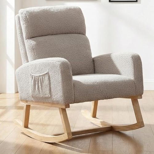 Rocking Chair Nursery - Glider Modern Accent Chairs Upholstered Linen Nursing Rocker Padded Armchair for Indoor Living Room Bedroom Beige