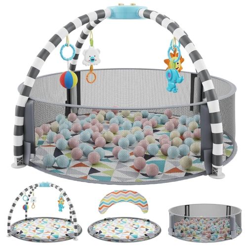 5 in 1 Baby Play Gym and Ball Pit -Playgym with 6 Toys, Balls, Tummy Pillow, Tummy Time Play Mat - Easy to Set Up Baby Activity Mat - Gym Ball Pit - Infant Playmats for Boy & Girls