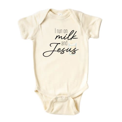 I Run On Milk and Jesus Baby Onesie® Cute Religious Baby Outfit for Baptism I love Jesus 92 (Short Sleeve Natural, 3-6m)