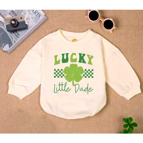 Lucky Little Dude Bubble Romper, Little Dude Baby Romper Sweatshirt, St Patricks Baby Gift, Four Leaf Clover, Baby Boy Holiday Gift