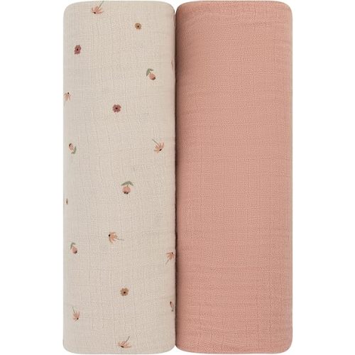 Ely's & Co. Muslin Swaddle Blanket 2-Pack — 100% Cotton Muslin Extra-Large Swaddle Blankets (47” x 47”) Solid + Printed (Pink Garden Flower)