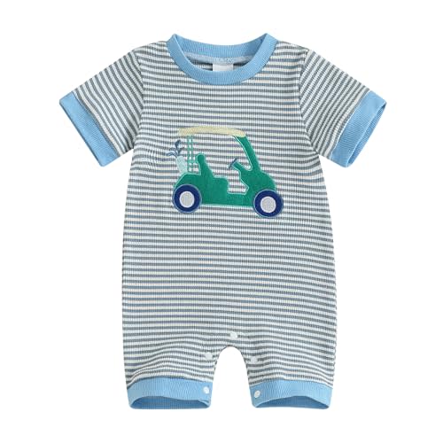 Licupiee Newborn Boy Football Romper Infant Baby Waffle Knit Summer Clothes Embroidery Excavator Short Sleeve Stripe Jumpsuit