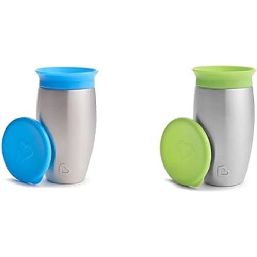Munchkin® Miracle® 360 Toddler Sippy Cup with Lid, Spill Proof, 10 Ounce, Stainless Steel, 2 Pack, Blue/Green