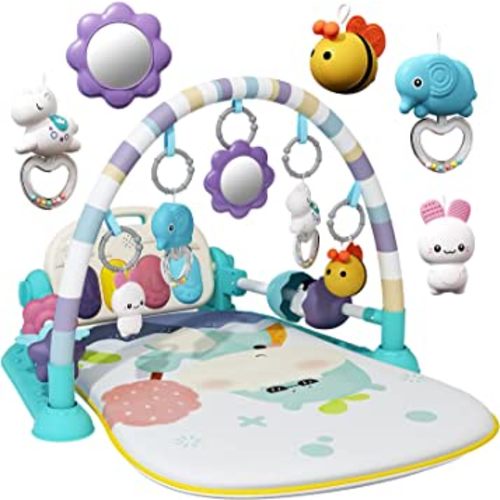 Baby Gym With Kick and Play Piano, Activity Mat for Tummy Time With 5 Infant Learning Sensory, Music and Lights for Newborn Boy or Girl (Green)