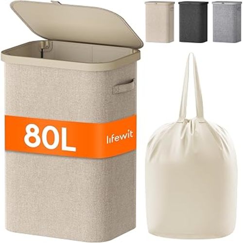Lifewit 80L Laundry Basket with Lid, Large Laundry Hamper with Plastic Handles and Removable Bag, Foldable Tall Dirty Clothes Hampers for Laundry for Laundry Room, Bedroom, Bathroom, Dorm, Beige