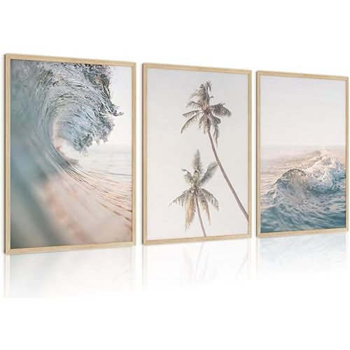 HDXUFJQ Beach Waves Wall Art Palm Tree Poster Light Blue Sea Wave Picture Prints Seawater Ocean Wave Canvas Wall Decor Coastal Coconut Trees Neutral Blue Sea Seascape Wall Decor Unframed(12x16 inch)