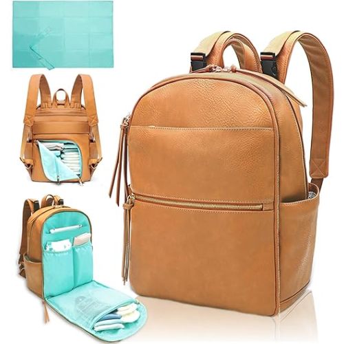 MOMINSIDE Diaper Bag Backpack with 6 Insulated Pockets, Leather Baby Bag for Mom Dad, Baby Registry, 18 Pockets, Changing Pad, Stroller Straps, Wet Dry Bag (Biscuit)