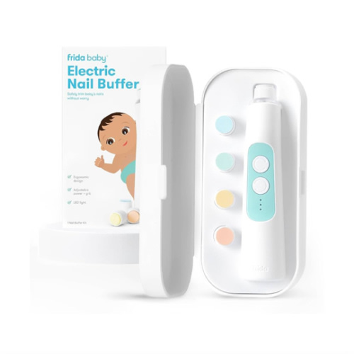 Frida Baby Electric Nail Buffer | Safe + Easy Baby Nail File, Baby Nail Clippers + Nail Trimmer Kit for Newborn, Toddler, Children's Fingernails/Toenails, 4 Buffer Pads, LED Light, Storage Case, White