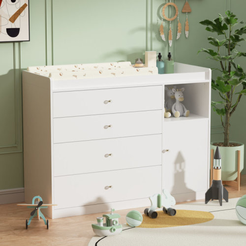 Latitude Run® Baby Diaper Changing Station Infants Nursery Organizer 5 Drawers Storage Dresser with Removable Changing Top, 45.28'' x 17.64'' x 36.22''H,White | Wayfair