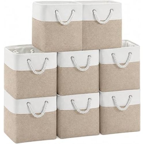 11x11 Inch Cube Storage Bins, 8 Pack Collapsible Fabric Storage Cubes with Rope Handles, Waterproof Foldable Storage Baskets for Cube Shelves, Closet, Clothes, Toys, Books, White & Beige