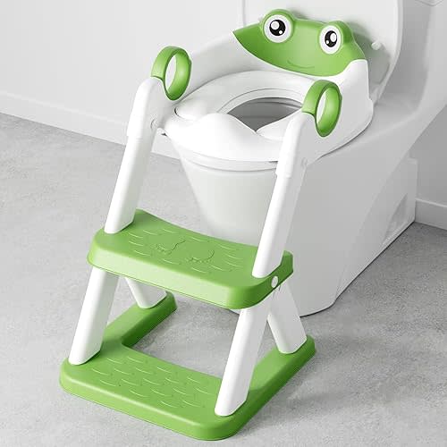 Frog Toilet Seat, Potty Training Toilet Seat for Toddler, Upgrade Potty Training Toilet 2 in 1 Toilet Seat for Boys Girls,Waterproof Soft Mat Non-Slip Step Stool