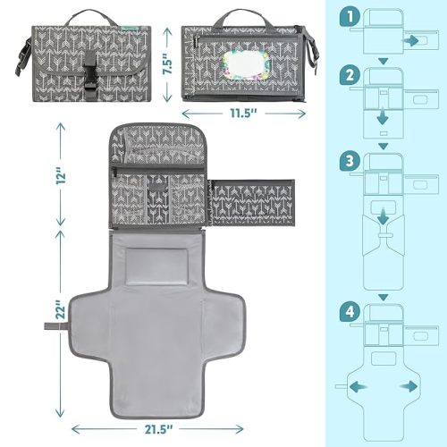 Kopi Baby Portable Diaper Changing Pad - Baby Changing Pad & Diaper Changer Travel Bag, Smart Design Baby Changing Mat, Portable Changing Pad for Baby - Baby Changing Station, Infant Gift - Grey Arrow - Gray Arrows - Premium