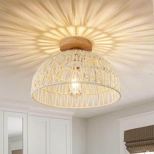 Boho Ceiling Light Fixture Rattan Flush Mount Ceiling Light Bedroom Chandelier Hand-Woven Lamp Shade Wooden Base Small Chandelier Boho Ceiling Lamp for Hallway Nursery Kitchen