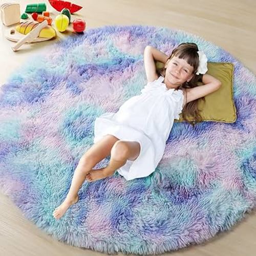 Rainbow Round Area Rug 4x4, Soft Bedroom Circle Rugs Mats for Kids Girls Teen Room, Mermaid Fluffy Plush Shaggy Carpet for Baby Nursery Living Room Playroom Home Decor Princess Castle