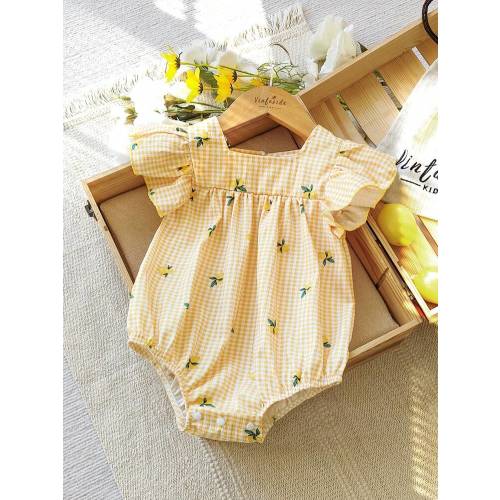 Vintaside Kids 1pc Baby Girls' Fresh Green Plaid Flutter Sleeve Bodysuit.