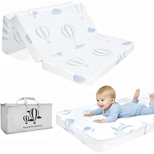 Trifold Pack and Play Mattress Pad, 38"x 26" Dual-Sided Memory Foam Pack N Play Mattress for Playpen Playard, Soft Breathable Balloon Printed Mini Crib Mattresses for Baby Toddler 2