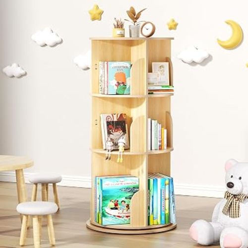 BIERUM 360 Degree Kids Rotating Bookshelf, 3 Tier Revolving Bookcase Tower