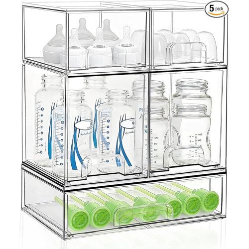 Bottle Storage Organizer Baby: Clear Stackable Storage Drawers, Acrylic Bottles Station Organizer for Countertop, Vanity, Bathroom, Cabinet Organization - 5 Pack