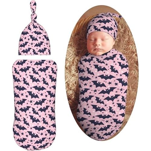 Pastel Gothic Bats Newborn Swaddle Blankets Hat Sets Soft Baby Receiving Blanket Swaddle Sack for Baby Shower Infant Boy Girl Gift