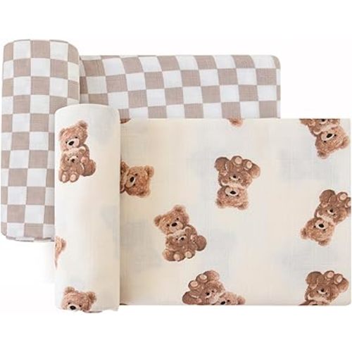 LifeTree Muslin Swaddle Blankets Neutral, Baby Swaddling Wrap Nursery Blanket Unisex, Soft 70% Viscose from Bamboo and 30% Cotton, Large 47 x 47 inches, Bear & Checkered Swaddle Blanket